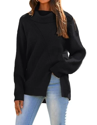 Women Draped Collar Side Splits Pullover Sweater Long Sleeve Turtleneck Jumpers Black L