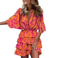 Women Dress Ruched V Neck Long Lantern Sleeves Lotus Leaf Fall Bridesmaid Wedding Guest Dresses Wedding Guest Dresses for Women Sun Dresses Size 16 Gold Pleated Skirt Short (Orange, M)