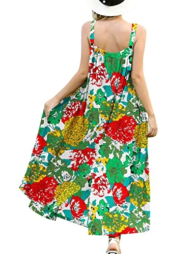 Women Dress Summer Casual Maxi Plus Size Dress Ladies Boho Floral Square Neck Long Dresses Wide Pockets L E96 UK CR10