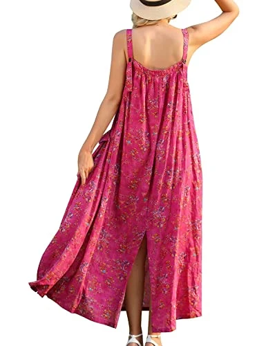 Women Dress Summer Casual Maxi Plus Size Dress Ladies Boho Floral Square Neck Long Dresses Wide Pockets L E96 UK CR26
