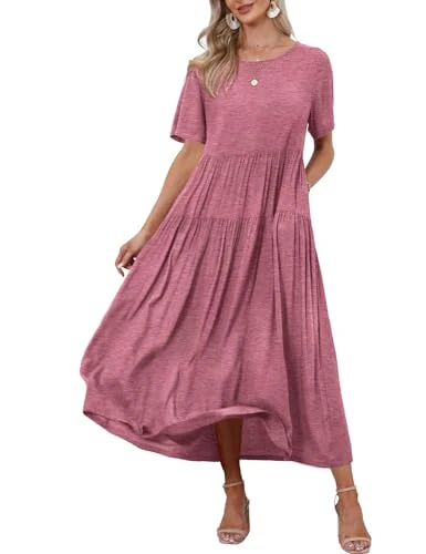 Women Dress Summer Casual Plus Size Maxi Dresses Bohemian Floral Short Sleeve Long Dress/Pockets XL EJF Pink UK