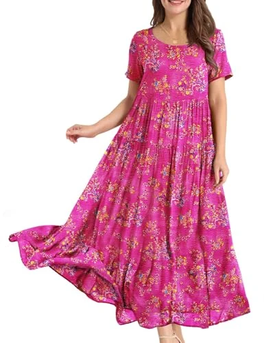 Women Dresses Casual Plus Size Bohemian Short Sleeve Floral Long Maxi Summer Beach Swing Dress/Pockets L EJFUK CR.26