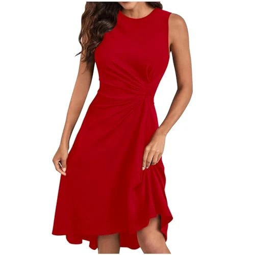 Women Dresses Clearance A-line Ruched Dress Solid Knee Length Summer Dress Casual Sleeveless Formal Dress Cocktail Business Work Dress Eleagnt Ladies Wedding Guest Dresses