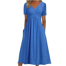 Women Dresses Clearance Falred Ruched Beach Dress Casual Short Sleeve Printed Round-Neck Ladies Dress Dresses Cocktail Vintage A-Line Midi Party Dress