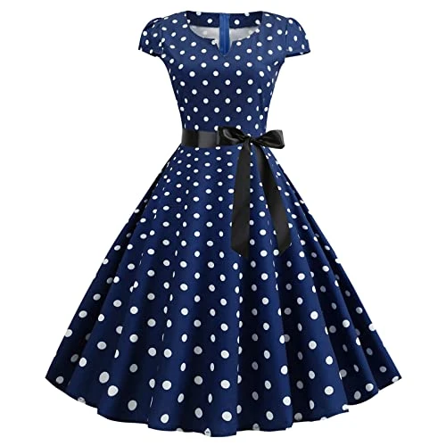 Women Dresses Polka Dots Short Sleeve Evening Party Prom Dress 1950s Retro Pleated A-line Cocktail D