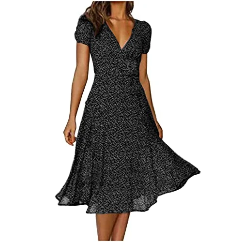 Women Dresses Polka Dots V-Neck Short Sleeve Elegant Long Dress Solid Color High Waist Lace Up Tie D