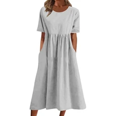 Women Dresses Round Neck Short Sleeve Ruched Casual Dress High Waist Pleated A-line Midi Dress Women's Print Spring Beach Swing Dresses(B Grey,XL)