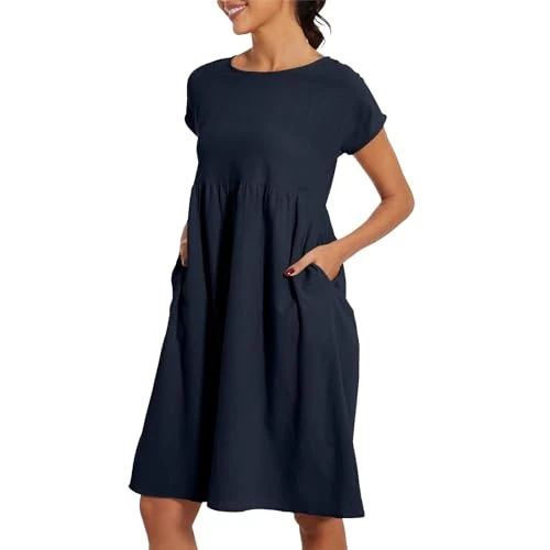 Women Dresses Solid Color Round Neck Short Sleeve Midi Dress Cotton and Linen Loose Casual Dress Ret