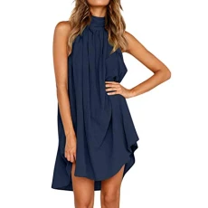 Women Dresses Solid Color Round Neck Sleeveless Dress Retro Ruched Backless A-line Dress Halter Neck Irregular Hem Casual Dress Summer Swing Beach Midi Dress(A Blue,S) Women Dresses Solid Color Round Neck Sleeveless Dress Retro Ruched Backless A-line Dress Halter Neck Irregular Hem Casual Dress Summer Swing Beach Midi Dress(A Blue,S)
