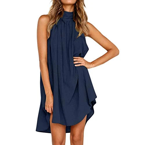 Women Dresses Solid Color Round Neck Sleeveless Dress Retro Ruched Backless A-line Dress Halter Neck Irregular Hem Casual Dress Summer Swing Beach Midi Dress(A Blue,S)