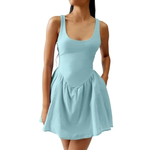 Women Dresses Solid Color Square Neck Tennis Dress High Waist Casual Sleeveless Dress Built in Shorts Athletic Dress(Light Blue,XXL)