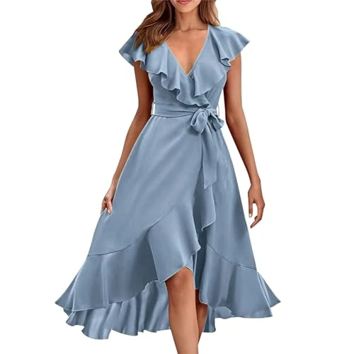 Women Dresses V Neck Ruffle Flying Sleeve Midi Dress Solid Color High Waist Lace Up Swing Dress Side