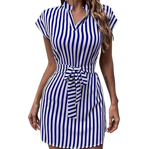 Women Dresses V Neck Short Sleeve Striped Shirt Dress Summer Casual Wrap Short Dress Simple Work Dress with Belt(BU1,XXL)