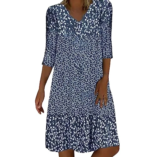 Women Dresses Vintage Print Half Sleeve Casual Midi Dress Women's Retro Ruched Loose Beach Dress Elegant Ruffle Swing Dress S 5XL(Blue,XL)