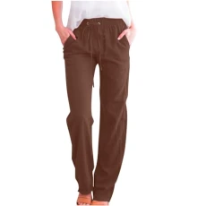 Women Elastic Waist Trousers with Pockets Straight Leg Trousers Solid Casual Trousers Spring Summer Long Pants with Drawstring XX-Large Brown