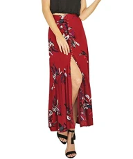 Women Elegant Boho High Waist Floral Print Asymmetrical Slits Long Skirt Wrapped Maxi Dress Beach Party Cocktail Red UK 6