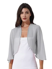 Women Elegant Chiffon Open Front Cardigan 3/4 Flared Sleeve Bolero Shrug Wraps Shawls Capelet Grey M