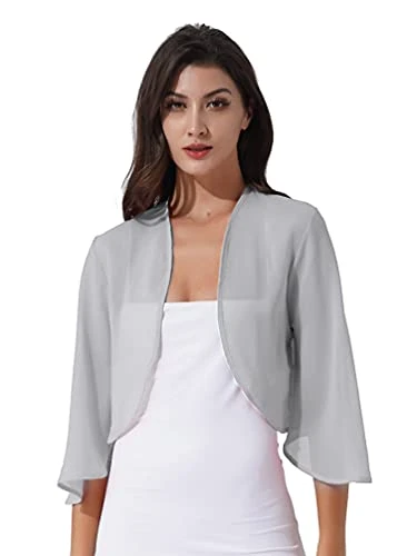 Women Elegant Chiffon Open Front Cardigan 3/4 Flared Sleeve Bolero Shrug Wraps Shawls Capelet Grey M