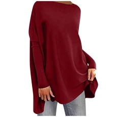Women Elegant Crewneck Pullover Solid Color Sweatshirts Bat Sleeve Loose Tee Knitted Dress Long Sleeve Casual Sweater Long Top Red M