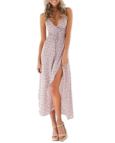 Women Elegant V-Neck Sleeveless Floral Printed Backless Long Maxi Dress Wrap Waist Side Split Gown Cocktail Party Ball Pink UK 14