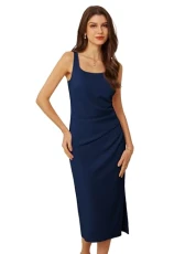 Women Evening Bodycon Dresses Slit Hem Slim Fit Sleeveless Cocktail Dress for Party Navy Blue 16