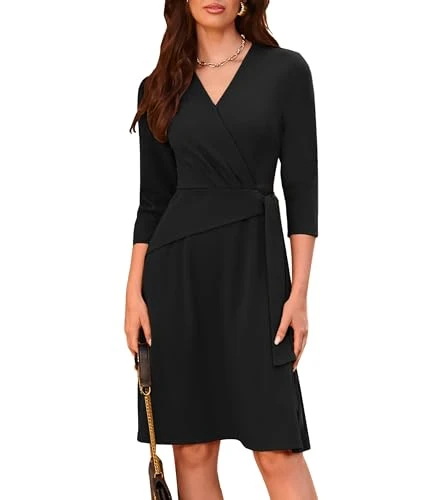 Women Fall Dresses 3/4 Sleeve Wrap Dress V Neck A Line Dress Casual Dress Black M