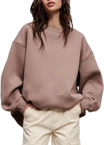 Women Fall Winter Crewneck Fleece Pullover Sweatshirt Oversized Sweatshirts Light Brown