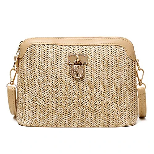 Women Fashion Handbag Shoulder Bag Ladies Summer Straw Woven Crossbody Tote Khaki