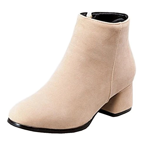 Women Fashion Large Size & Small Size Ankle Booties Block Heel Zip Boots (Beige, 35 EU)