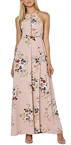 Women Fashion Loose Chiffon Casual Long Maxi Sleeveless Dress Irregural Skirt Hem A Line Floral Printed Sundress Beach Party Summer Apricot UK 16