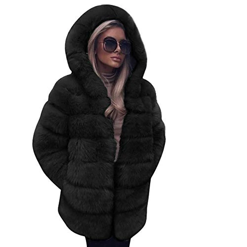 Women Fashion Luxury Fluffy Shaggy Long Sleeve Faux Fur Hooded Coat Jacket with Pockets Autumn Winter Warm Overcoat （Black ,2XL