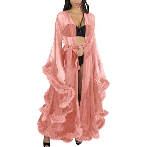 Women Fashion Sexy Tulle Robe Long Lingerie Nightgown Bathrobe Sleepwear Feather Bridal Robe Lace Lingerie Teal Lingerie for Women, Pink, One Size