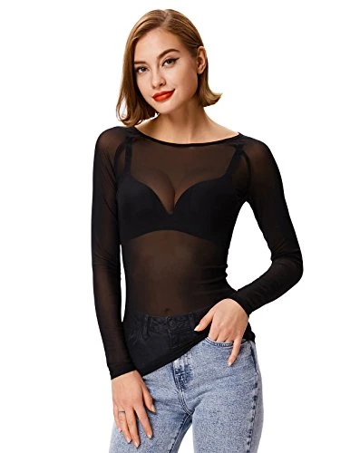 Women Fashion Stretch Long Sleeve Sheer Mesh Tops Blouse Black#1047 Small