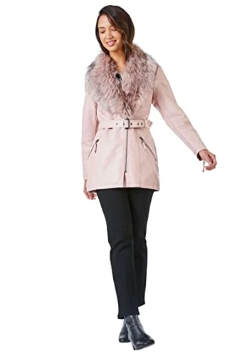 Women Faux Leather Faux Fur Trim Coat - Ladies Everyday Smart Casual Comfortable Quality Luxury Autu