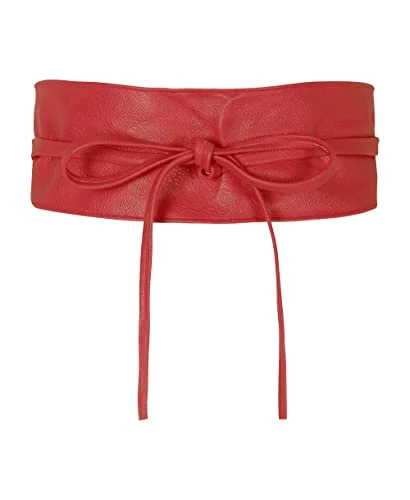 Women Faux Leather PU Obi Belt Cinch Wide Waist, Red, One Size, 14987-RED-OS