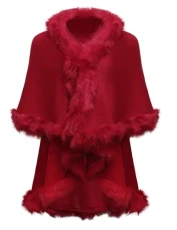 Women Fine Knit Open Front Faux Fur Trim Layers Poncho Cape Cardigan Sweater, Solid Red, One size