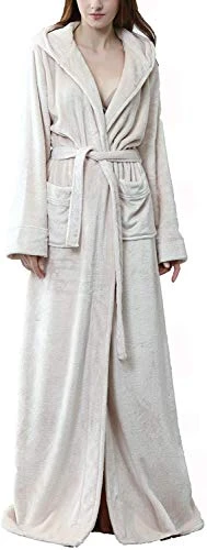 Women Flannel Fleece Full Length Bathrobe Winter Warm Pajamas Shower Nightgown (XL, Beige)