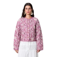 Women Floral Cropped Puffer Shacket Jacket Vintage Long Sleeve Button Down Short Padded Quilted Cardigan Coat (A-Pink, L)