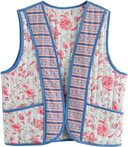 Women Floral Embroidered Vest Double-sided Retro Printed Sleeveless Quilted Jacket Padded Gilet