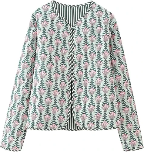 Women Floral Print Quilted Jackets Reversible Open Front Lightweight Cropped Puffer Jacket Outwear