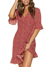Women Floral Printed Dress Ruffles Wrap Dress Self-tie Waist Casual Mini Dress Summer Sexy Sundress Clubwear Party Red