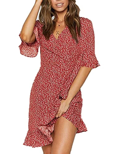 Women Floral Printed Dress Ruffles Wrap Dress Self-tie Waist Casual Mini Dress Summer Sexy Sundress Clubwear Party Red