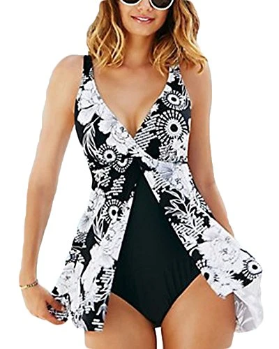 Women Flower Printing Swimwear Bikini Beachwear Set Push Up Padded Bra Swimsuit Deep V One-piece swimsuit M
