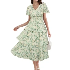 Women Flowy Beach Maxi Dress Long Floral Chiffon Dresses Spring Picnic Daily V Neck Midi Dress Yellow Flowers XXL