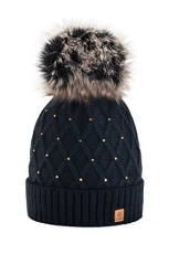 Women Girls Winter Beanie Hat Wool Knitted CRYSTAL with Large Pom Pom Cap SKI Snowboard Hats (Black)