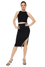 Women Glam Midi Asymmetrical Bodycon Knitted Skirt Schwarz