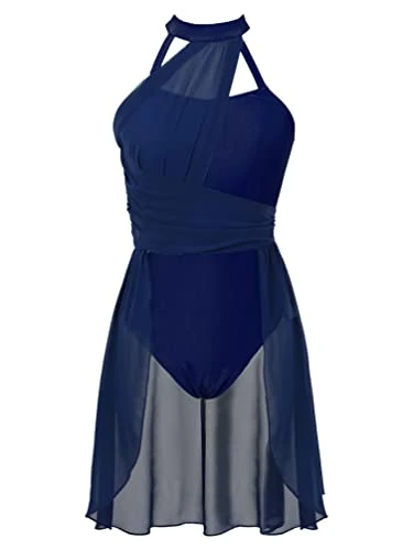 Women Halter Neck Ruched Lyrical Dance Costume Gymnastics Leotard Performance Training Outfit Navy_Blue S