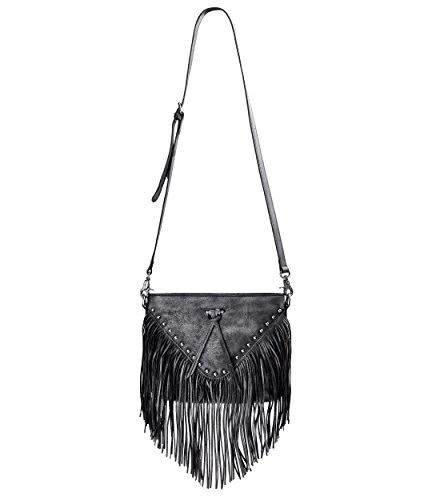 Women Handmade Dip Dye Leather Fringe Bohemian Tassel Studed Cross Body Bag (Gray)
