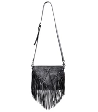 Women Handmade Dip Dye Leather Fringe Bohemian Tassel Studed Cross Body Bag (Gray)