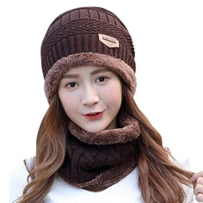 Women Hat with Ear Flap Winter Knitted Hats Cute Sweet Thick Windproof Bobble Crochet Elastic Cap Coffee